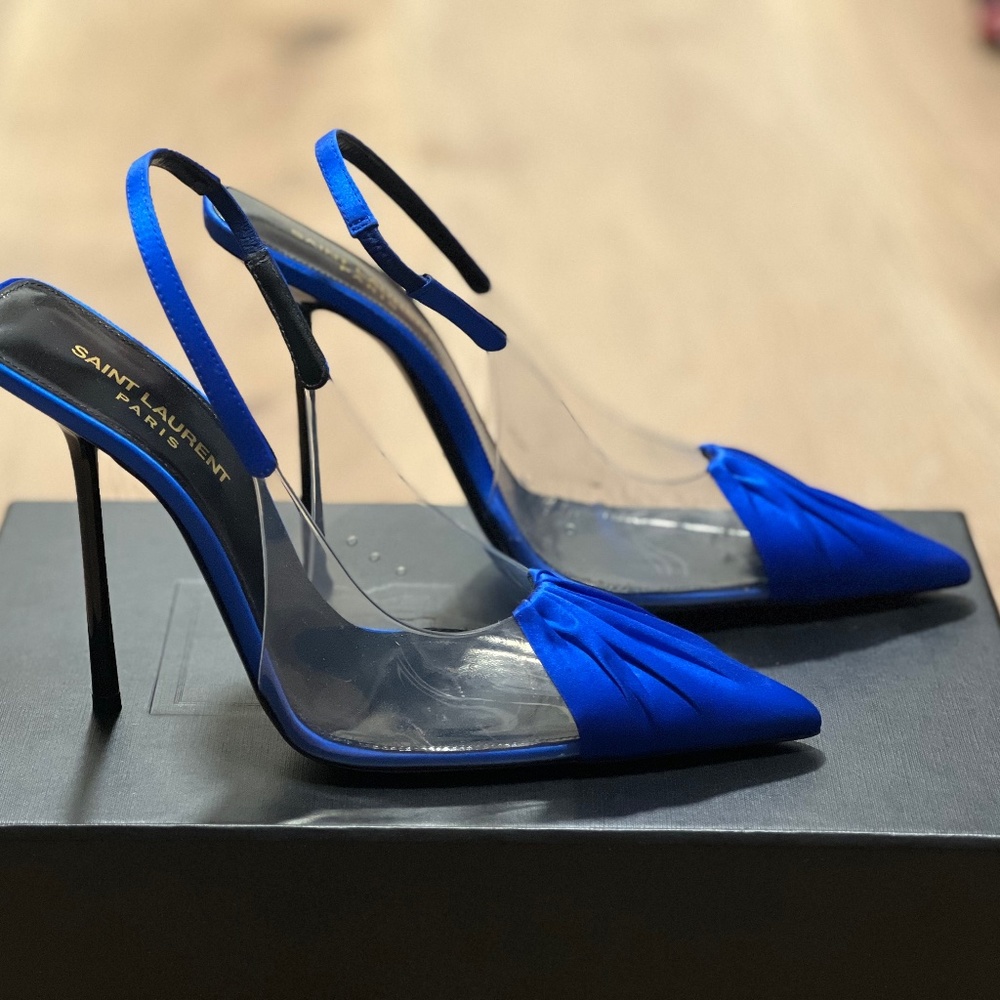 CHICA PVC AND SATIN SLINGBACK PUMPS IN BLUE